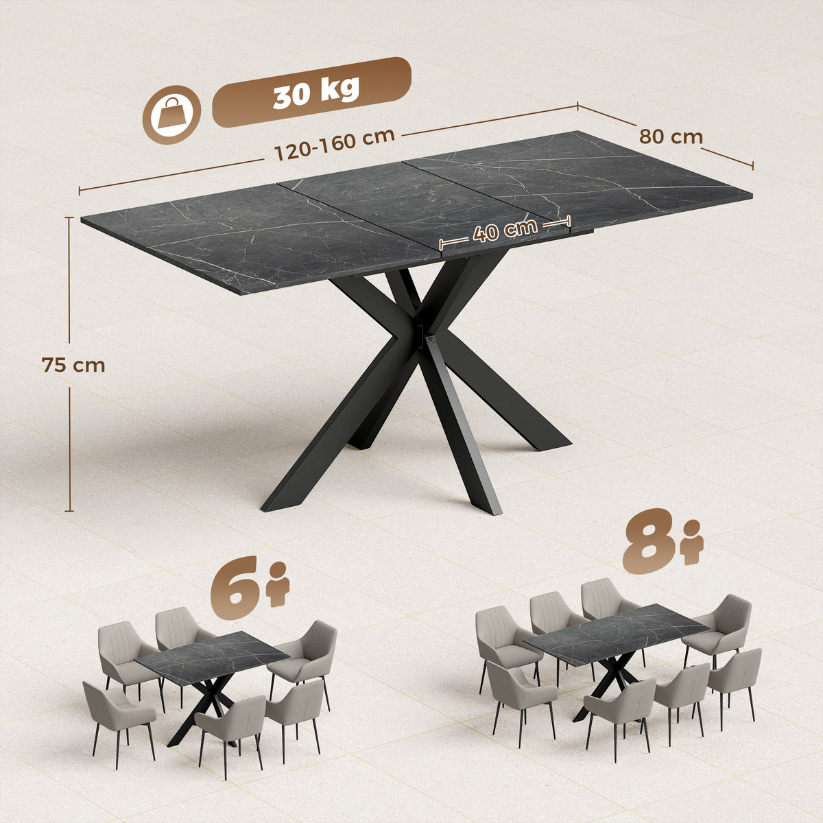 Wooden Extending Dining Table 160cm Wide for 8 People - Velmora