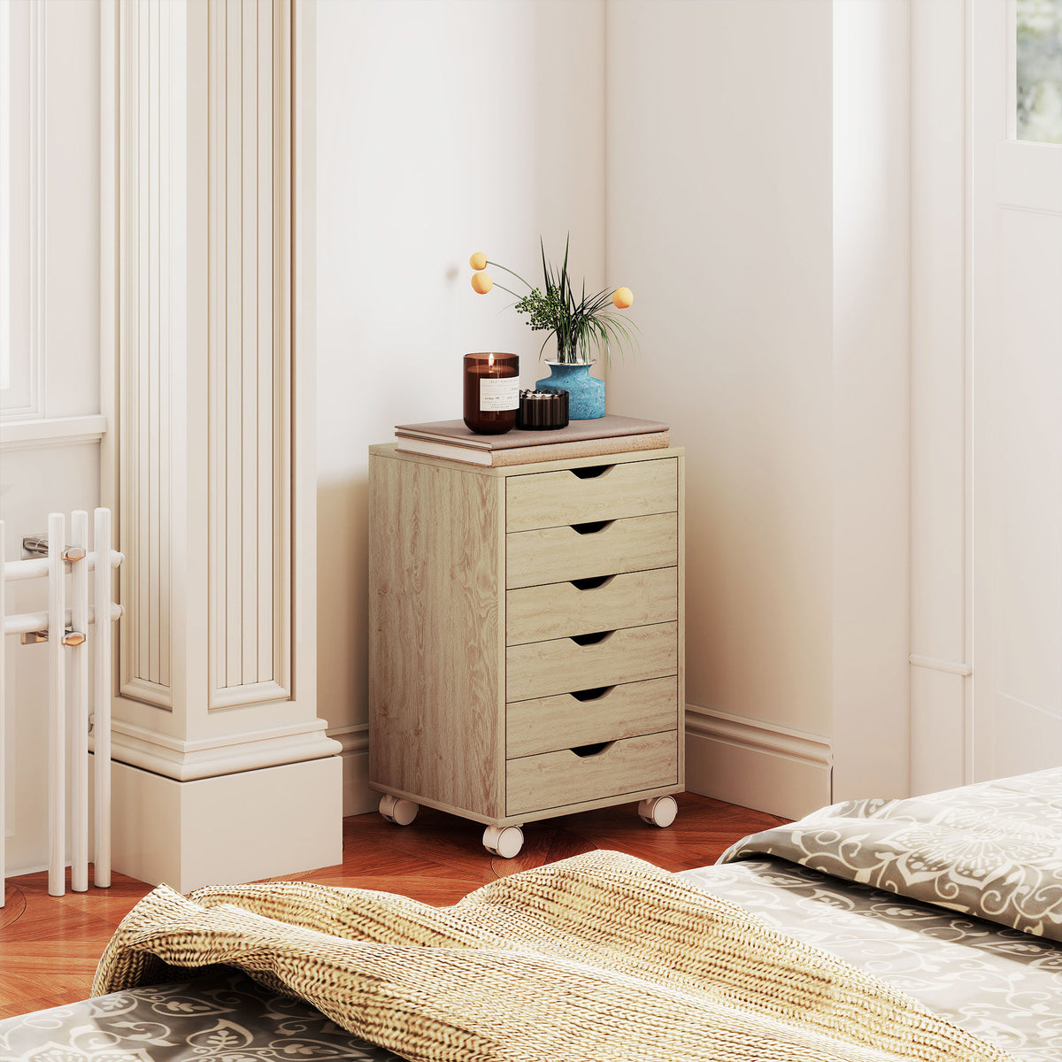 Wooden File Cabinet 40cm Wide With 6 Drawers And Wheels - Velmora
