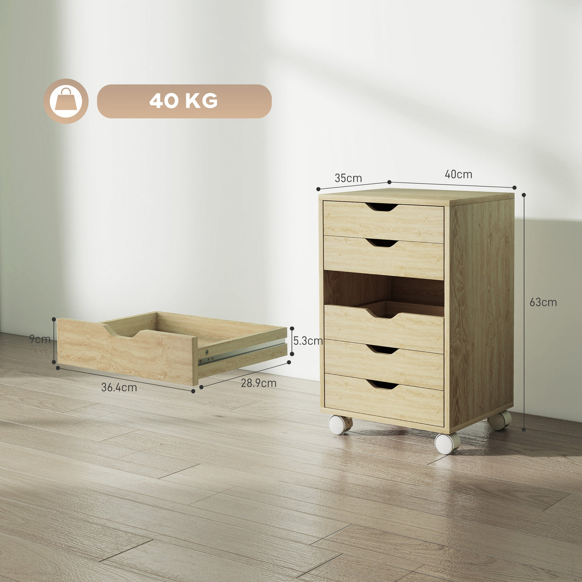 Wooden File Cabinet 40cm Wide With 6 Drawers And Wheels - Velmora