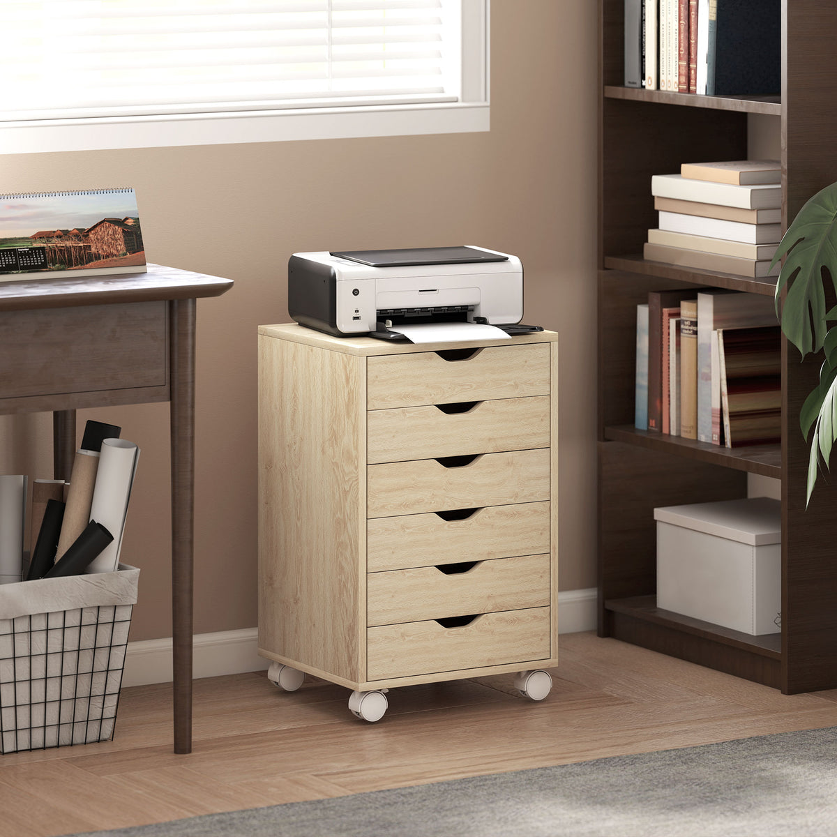 Wooden File Cabinet 40cm Wide With 6 Drawers And Wheels - Velmora