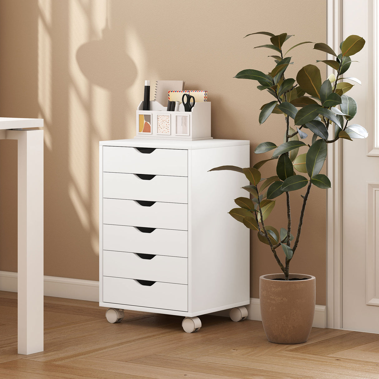 Wooden File Cabinet 40cm Wide With 6 Drawers And Wheels - Velmora