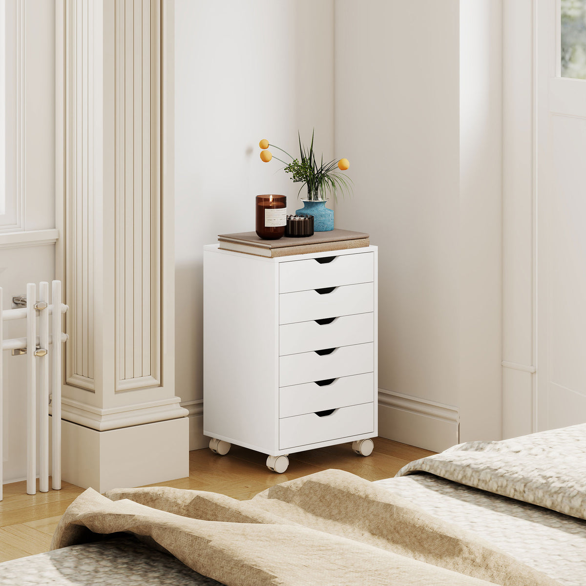 Wooden File Cabinet 40cm Wide With 6 Drawers And Wheels - Velmora