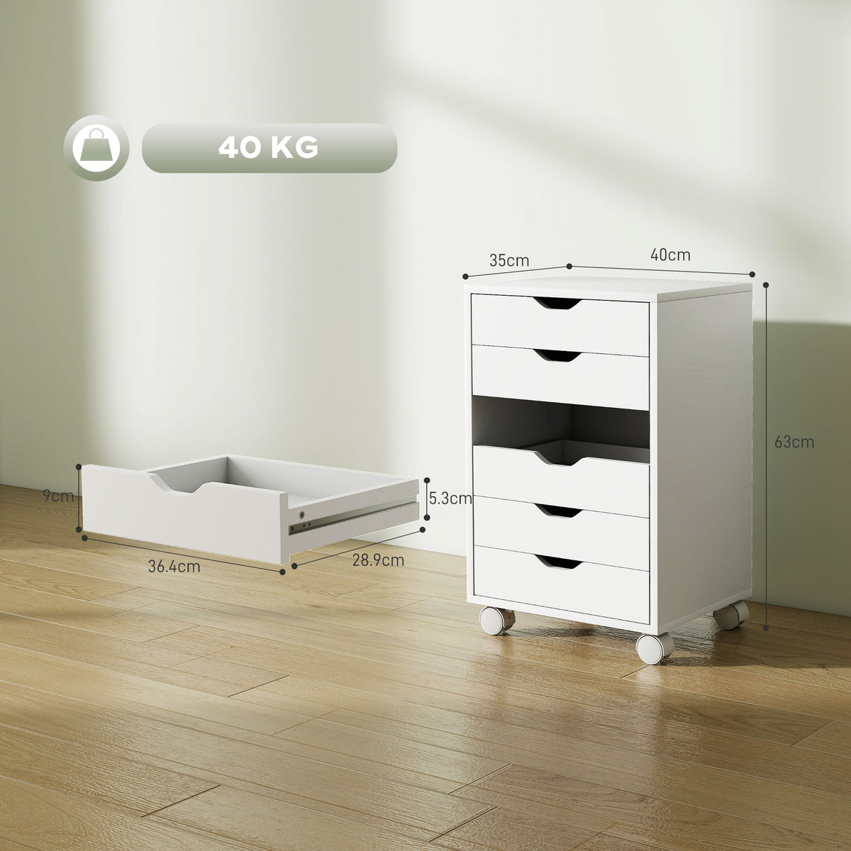 Wooden File Cabinet 40cm Wide With 6 Drawers And Wheels - Velmora