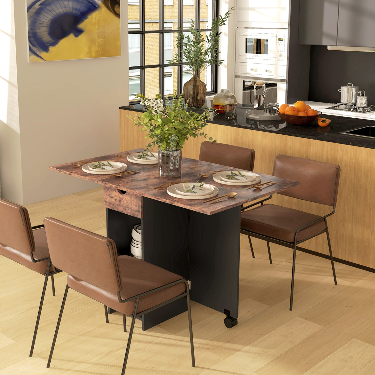 Wooden Folding Drop Leaf Dining Table Rectangular for 4 People - Velmora
