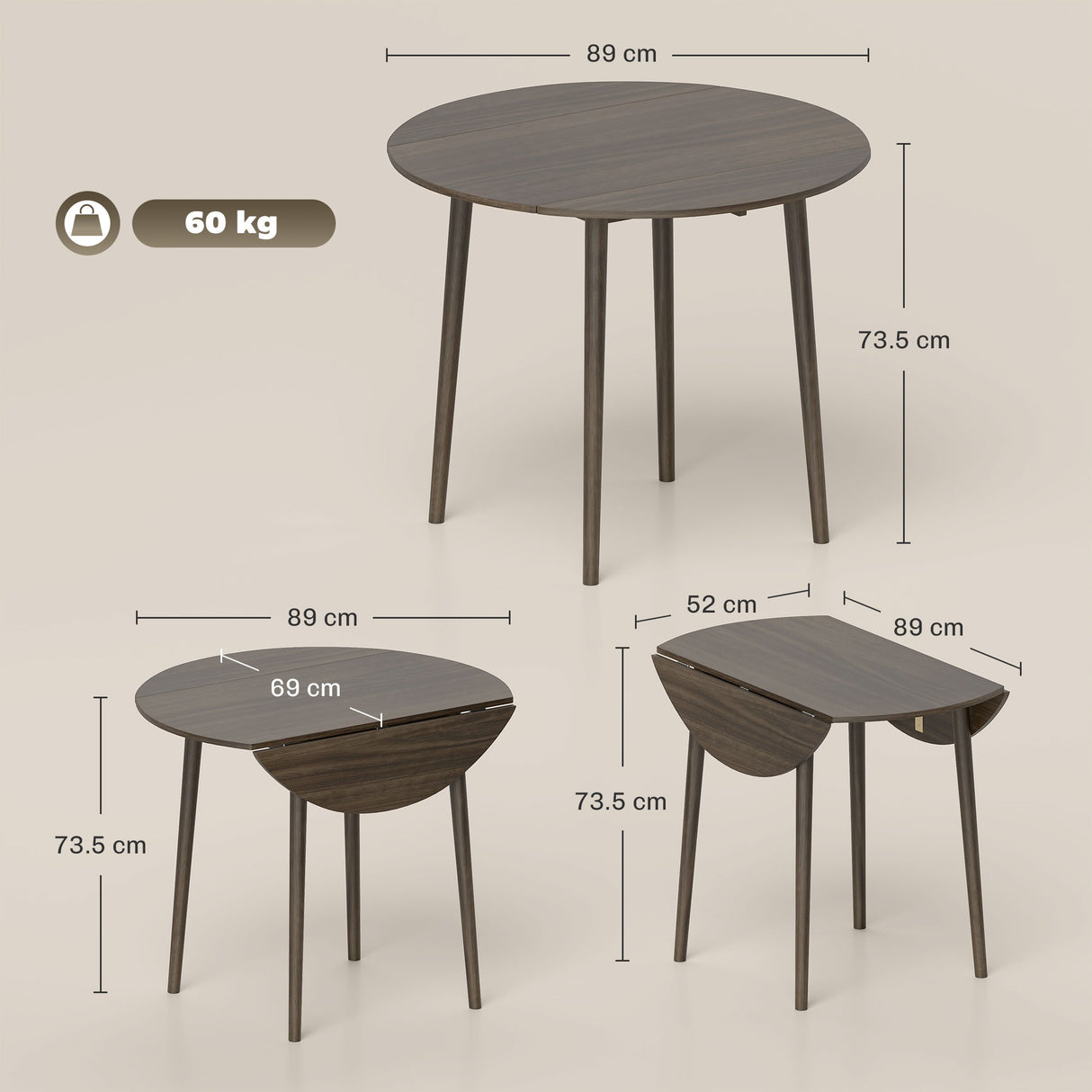 Wooden Folding Drop Leaf Dining Table Round for 4 People - Velmora