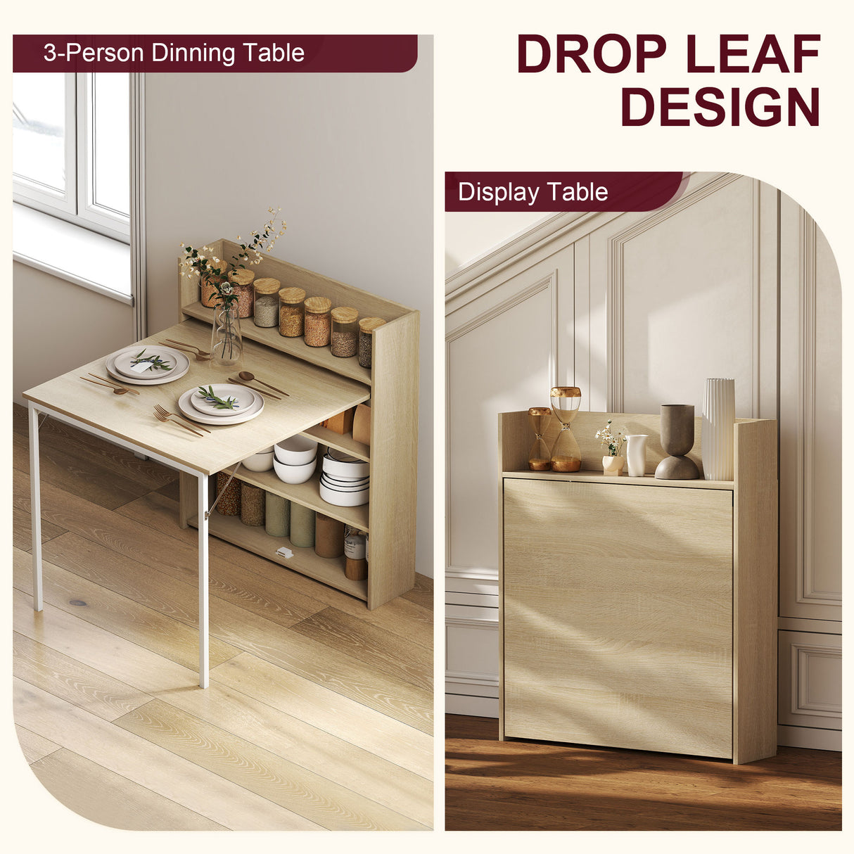 Wooden Folding Drop-Leaf Kitchen Dining Table for 2 People - Velmora