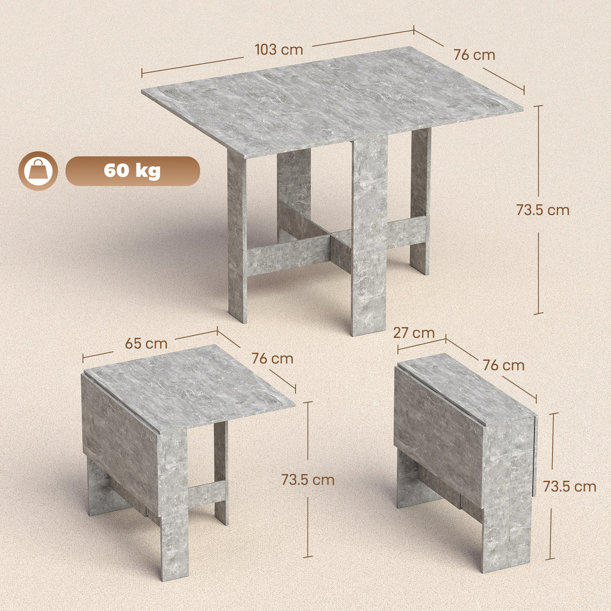 Wooden Folding Drop Leaf Kitchen Dining Table Rectangular for 4 to 6 People - Velmora