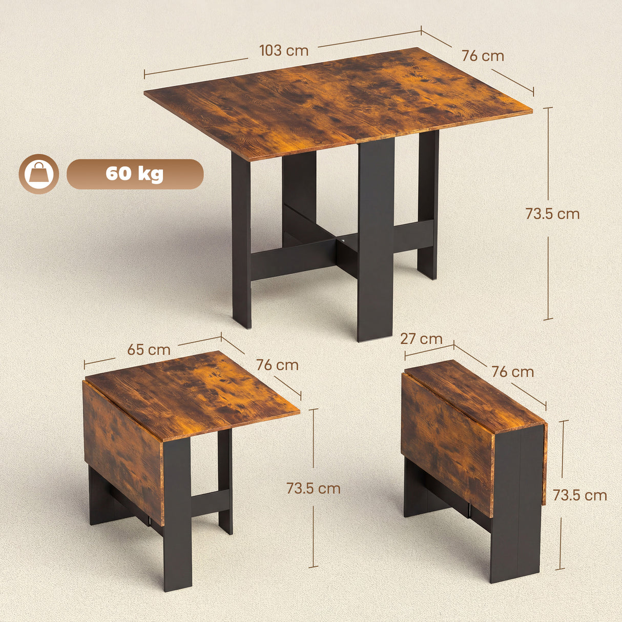 Wooden Folding Drop Leaf Kitchen Dining Table Rectangular for 4 to 6 People - Velmora