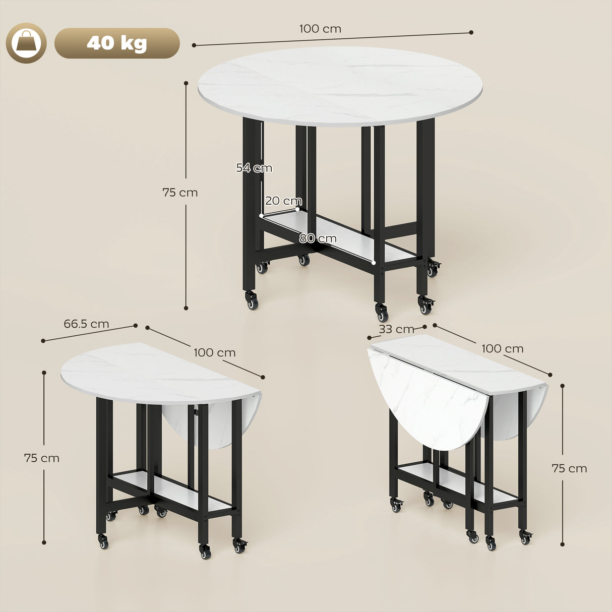 Wooden Folding Rolling Drop Leaf Dining Table 100cm Round With Open Shelf - Velmora