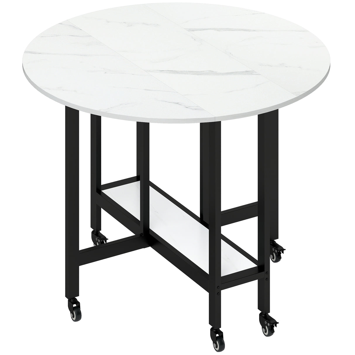 Wooden Folding Rolling Drop Leaf Dining Table 100cm Round With Open Shelf - Velmora