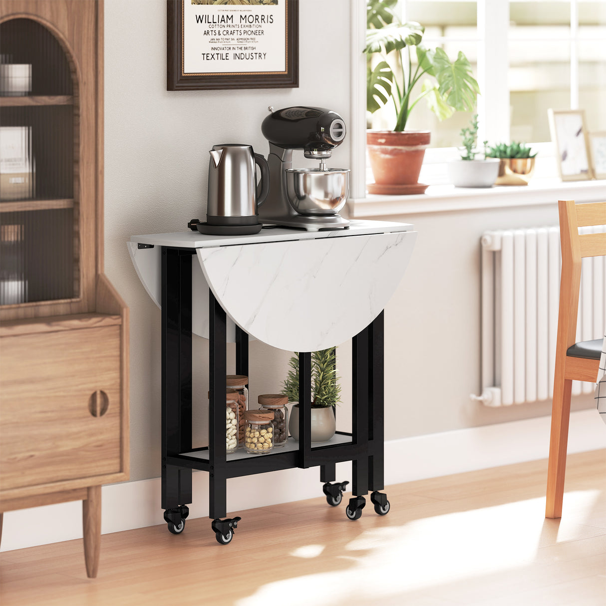 Wooden Folding Rolling Drop Leaf Dining Table 80cm Round With Open Shelf - Velmora
