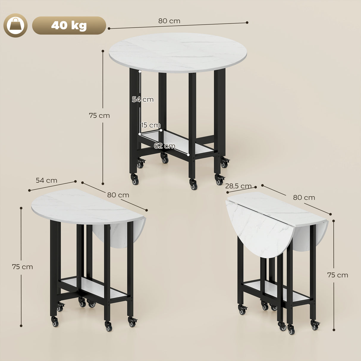 Wooden Folding Rolling Drop Leaf Dining Table 80cm Round With Open Shelf - Velmora