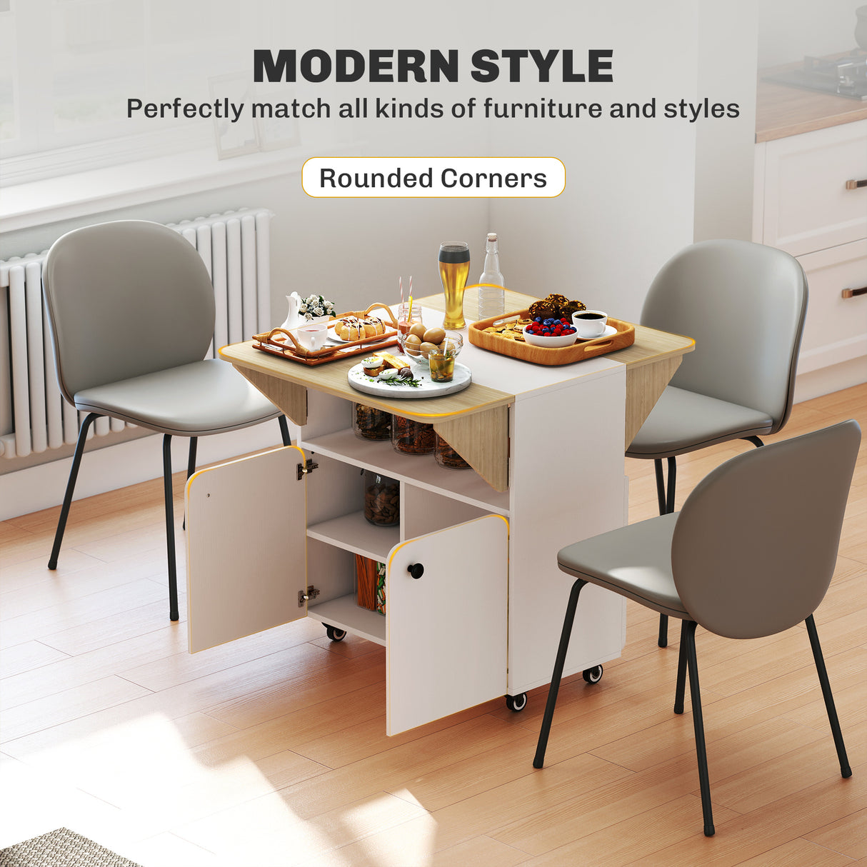 Wooden Folding Rolling Drop Leaf Dining Table With Hidden Shelf - Velmora