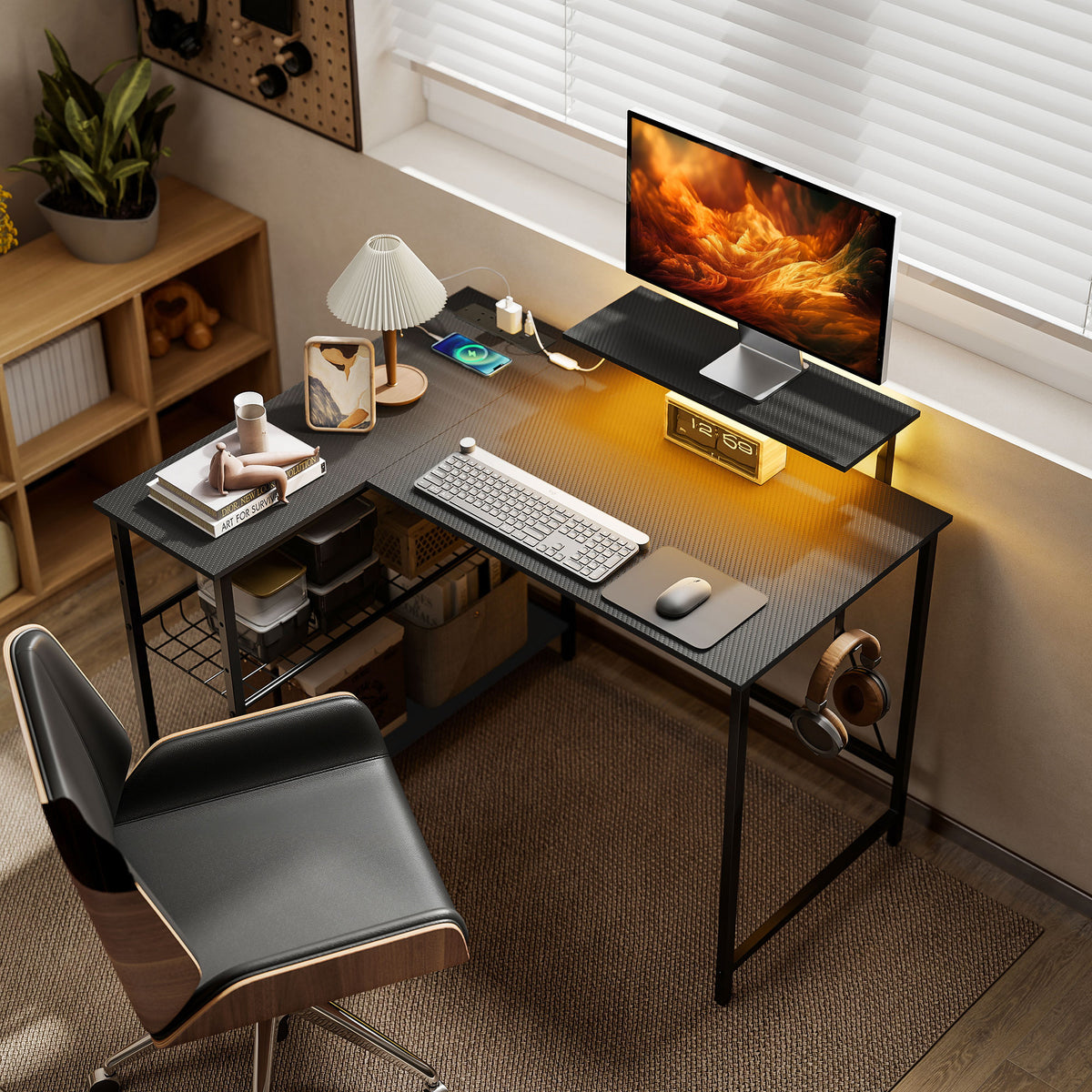 Wooden Gaming Desk 114.5cm Wide L Shaped With LED Lights - Velmora