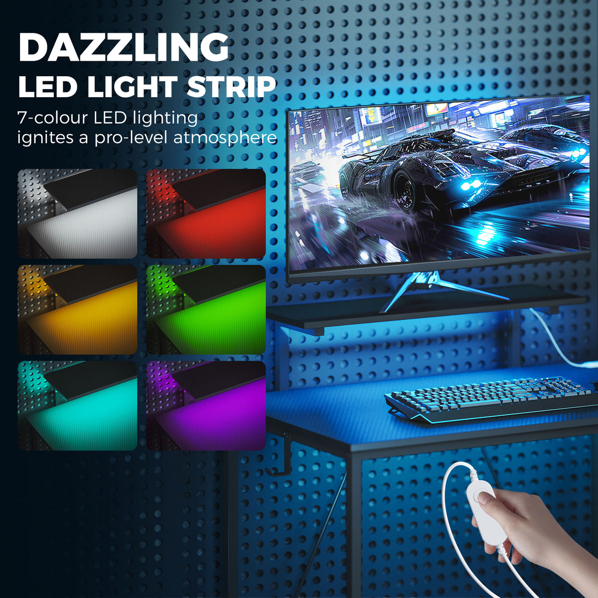 Wooden Gaming Desk 114.5cm Wide L Shaped With LED Lights - Velmora