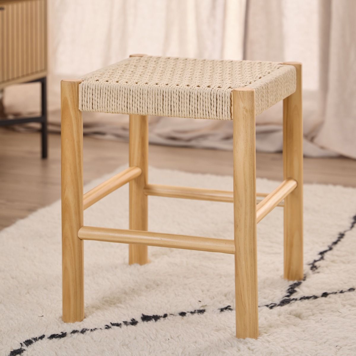 Wooden Hallway Seating Stool Interwoven Weaved - Alvin