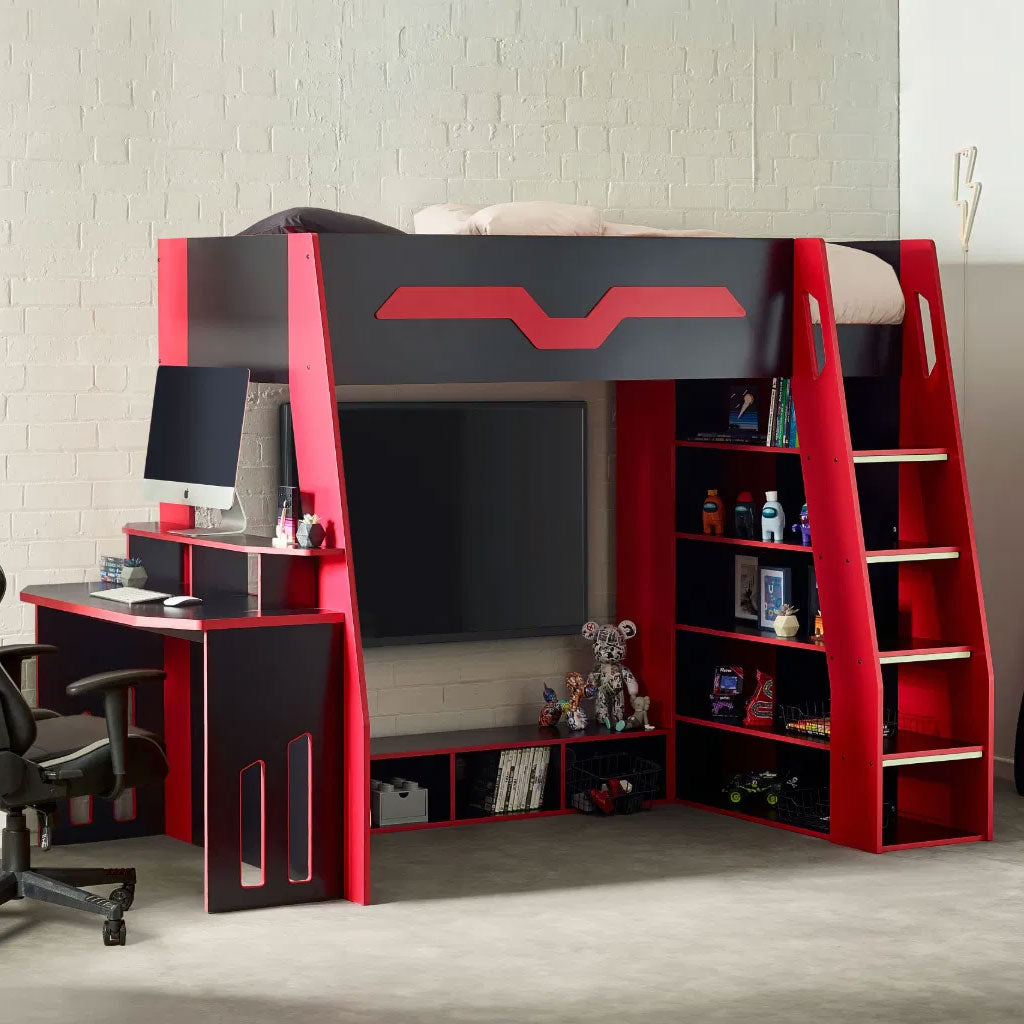 Wooden High Sleeper Bed With Gaming Desk - Eagle