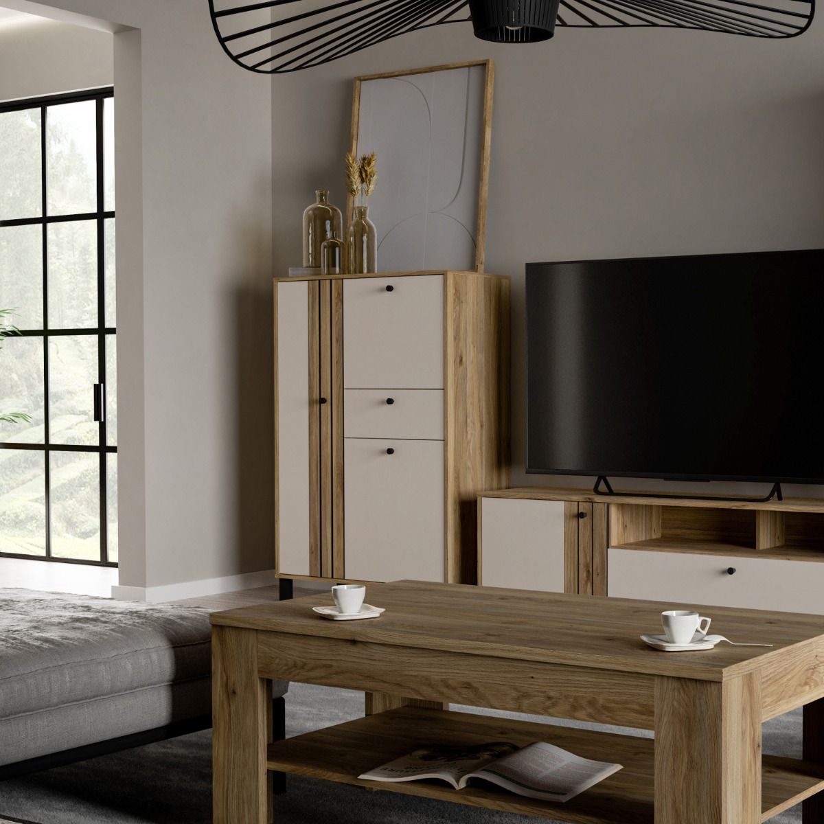 Wooden Highboard With 3 Doors And 1 Drawer - Grafton