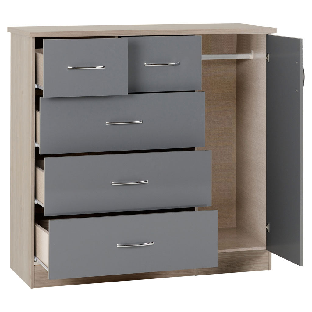 Wooden Highboard With 1 Door And 5 Drawers - Nevada