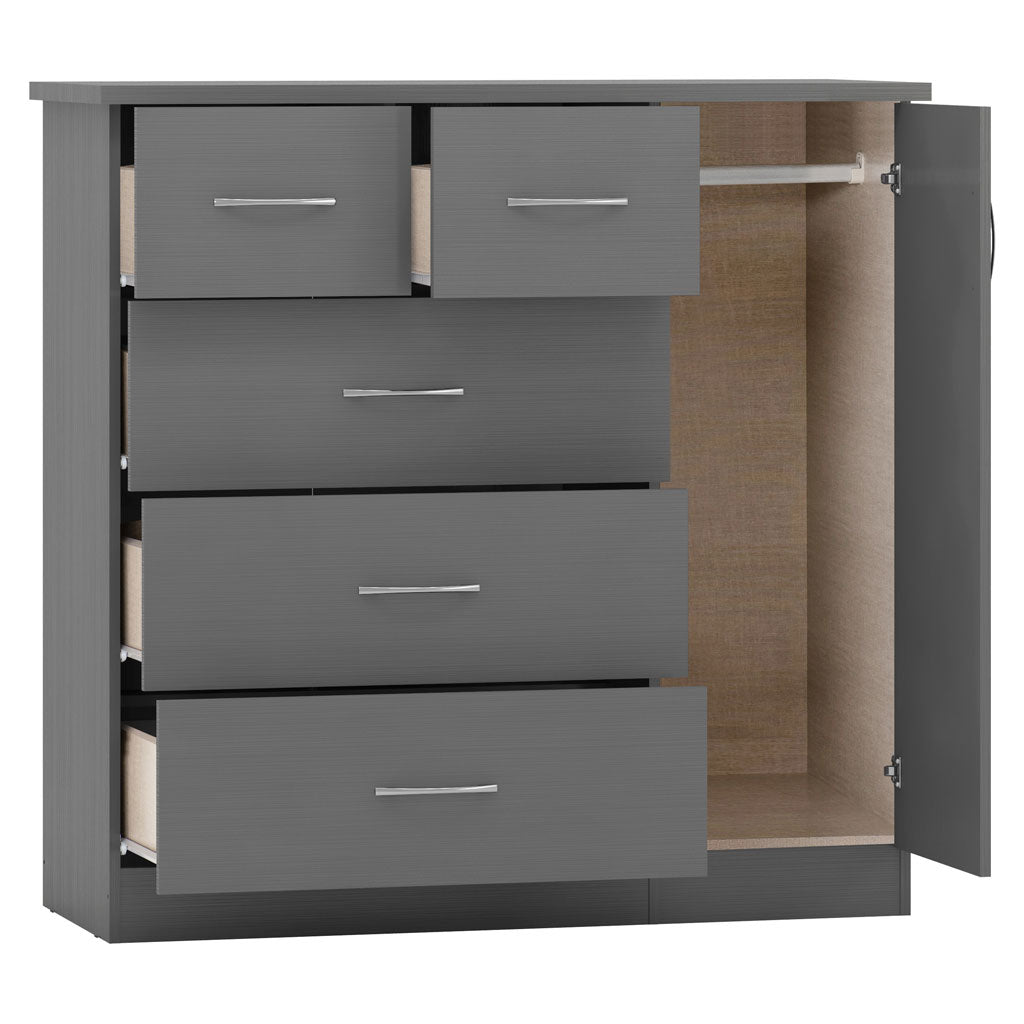 Wooden Highboard With 1 Door And 5 Drawers - Nevada