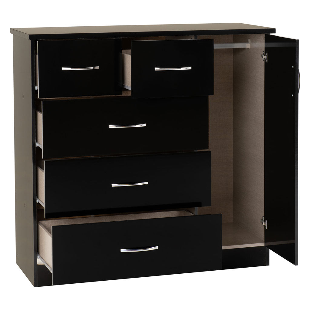 Wooden Highboard With 1 Door And 5 Drawers - Nevada