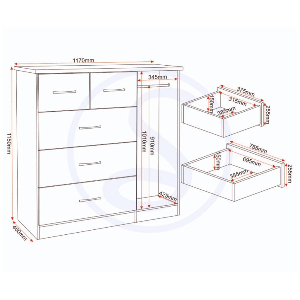 Wooden Highboard With 1 Door And 5 Drawers - Nevada