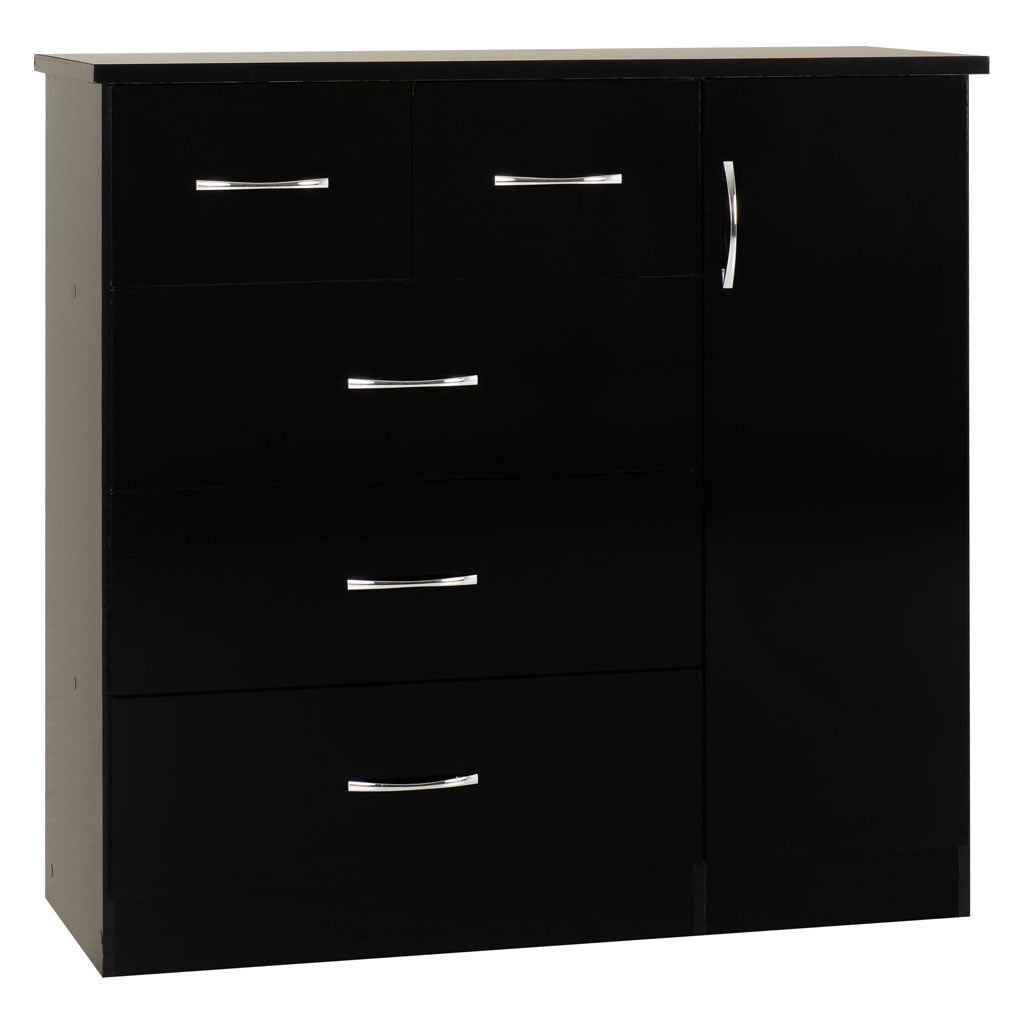 Wooden Highboard With 1 Door And 5 Drawers - Nevada