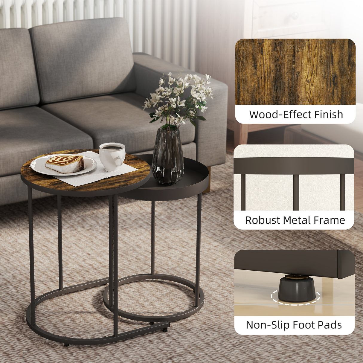 Wooden Industrial Nest of 2 Tables Round - Velmora