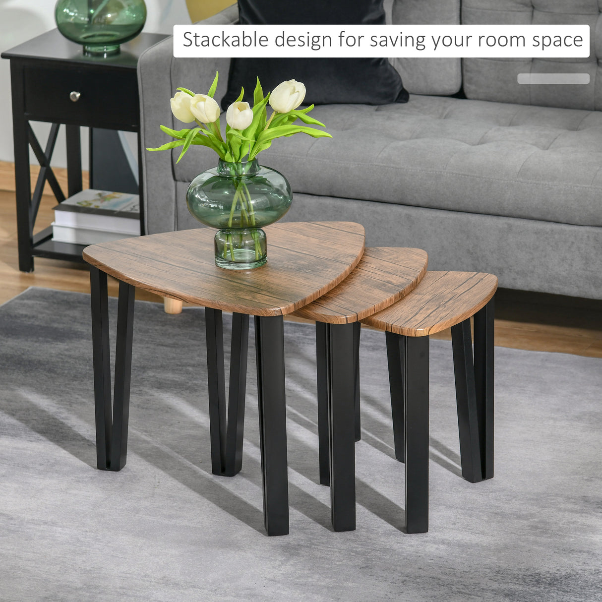 Wooden Industrial Nest of 3 Tables in Triangle With Metal Legs - Velmora