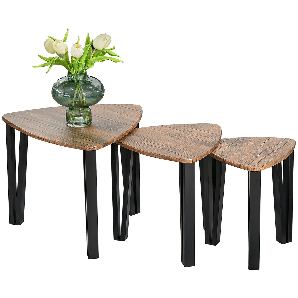 Wooden Industrial Nest of 3 Tables in Triangle With Metal Legs - Velmora