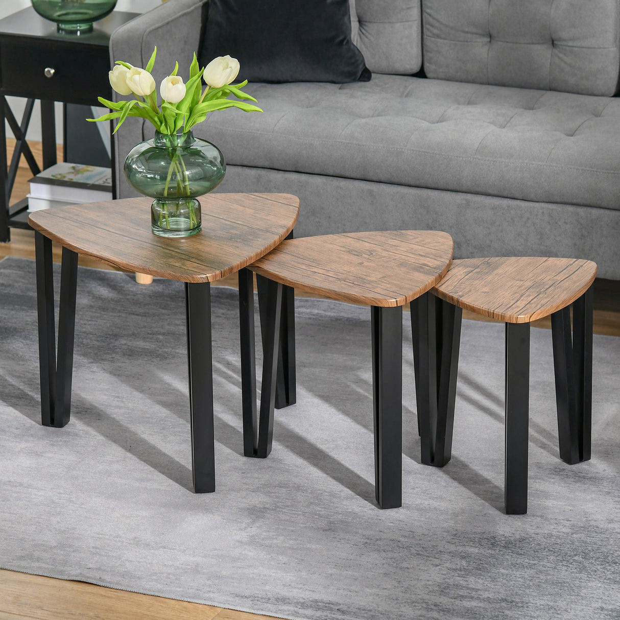 Wooden Industrial Nest of 3 Tables in Triangle With Metal Legs - Velmora