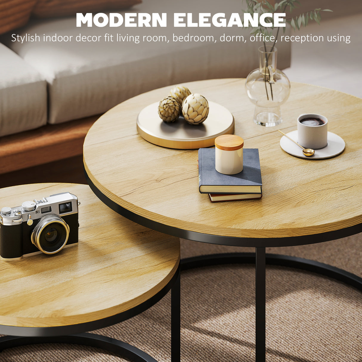 Wooden Industrial Nesting Coffee Tables Round in Set of 2 - Velmora