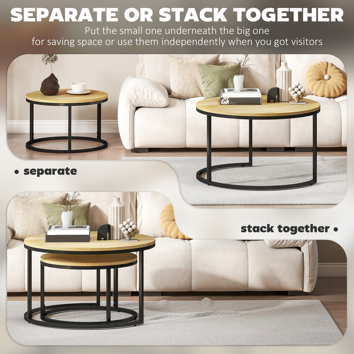 Wooden Industrial Nesting Coffee Tables Round in Set of 2 - Velmora