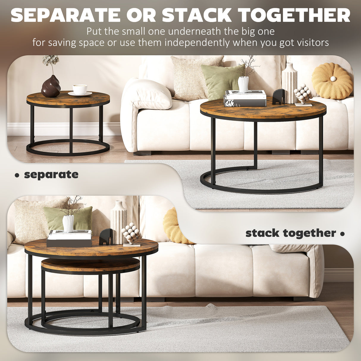 Wooden Industrial Nesting Coffee Tables Round in Set of 2 - Velmora