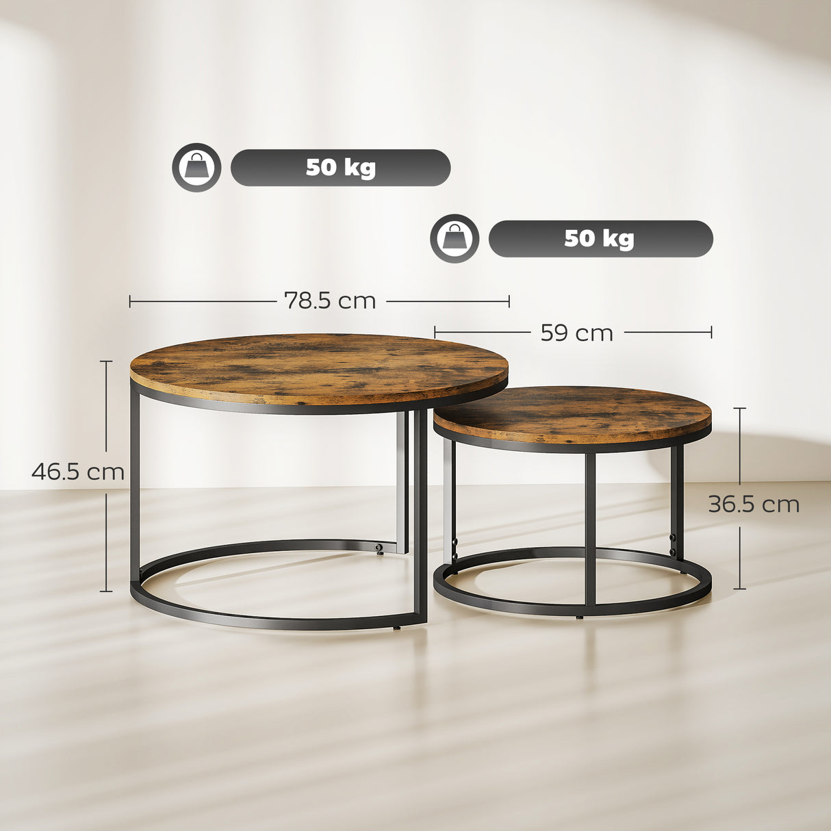 Wooden Industrial Nesting Coffee Tables Round in Set of 2 - Velmora