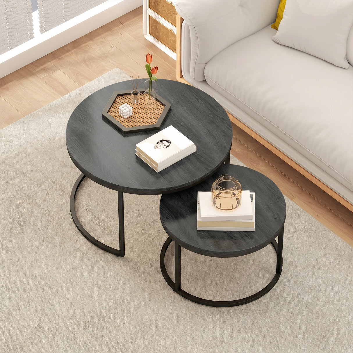 Wooden Industrial Nesting Coffee Tables Round in Set of 2 - Velmora