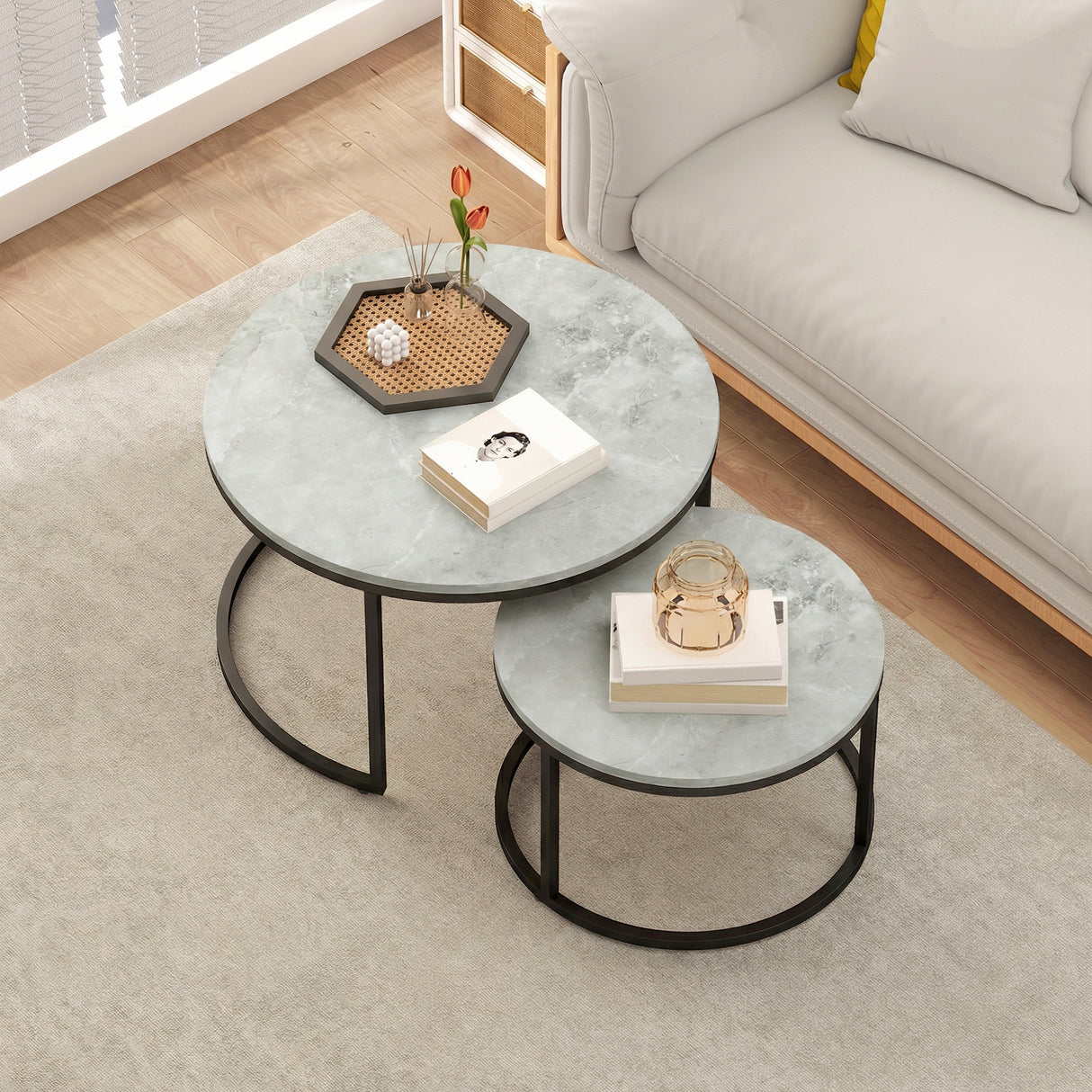 Wooden Industrial Nesting Coffee Tables Round in Set of 2 - Velmora