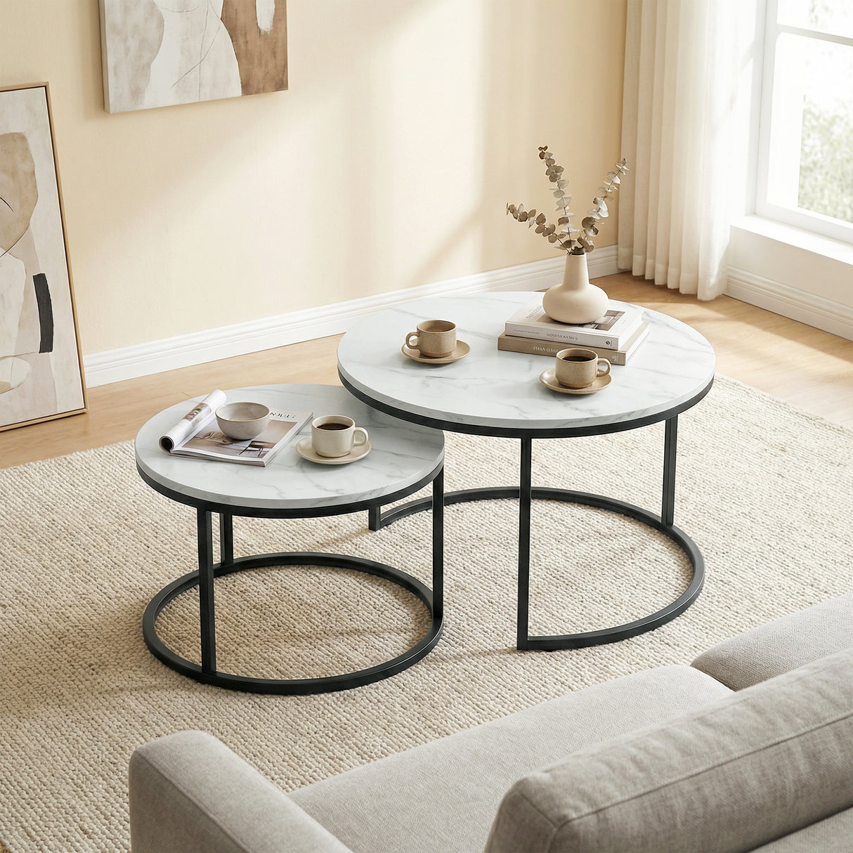 Wooden Industrial Nesting Coffee Tables Round in Set of 2 - Velmora