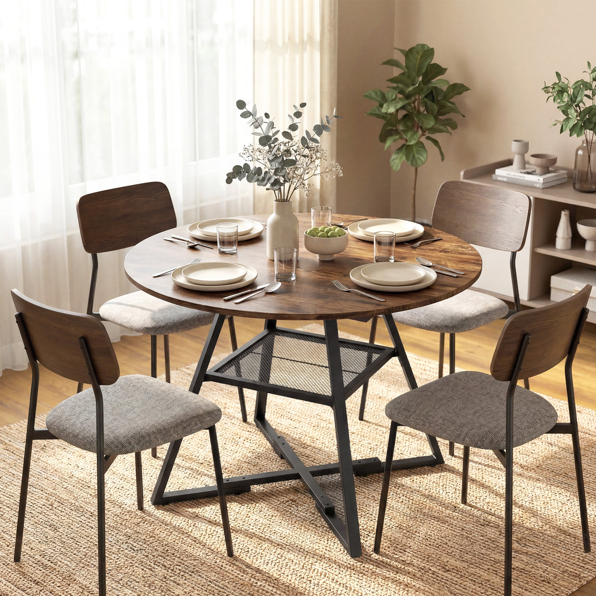 Wooden Industrial Style Kitchen Dining Table 100cm Round for 4 People - Velmora