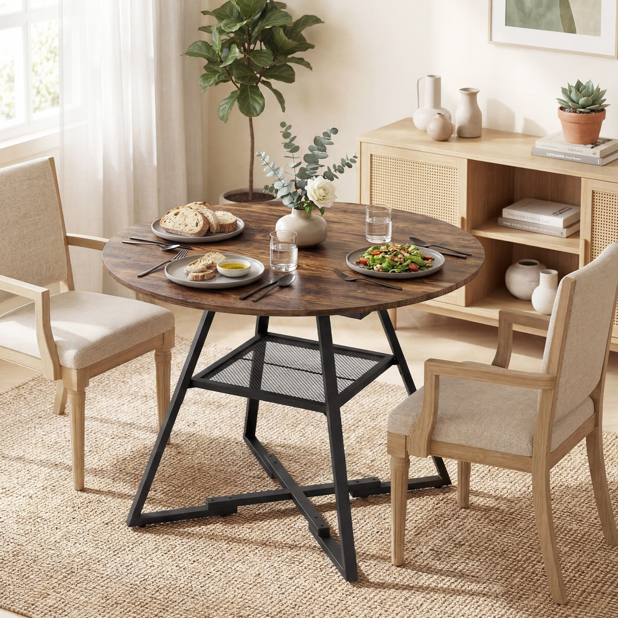 Wooden Industrial Style Kitchen Dining Table 100cm Round for 4 People - Velmora