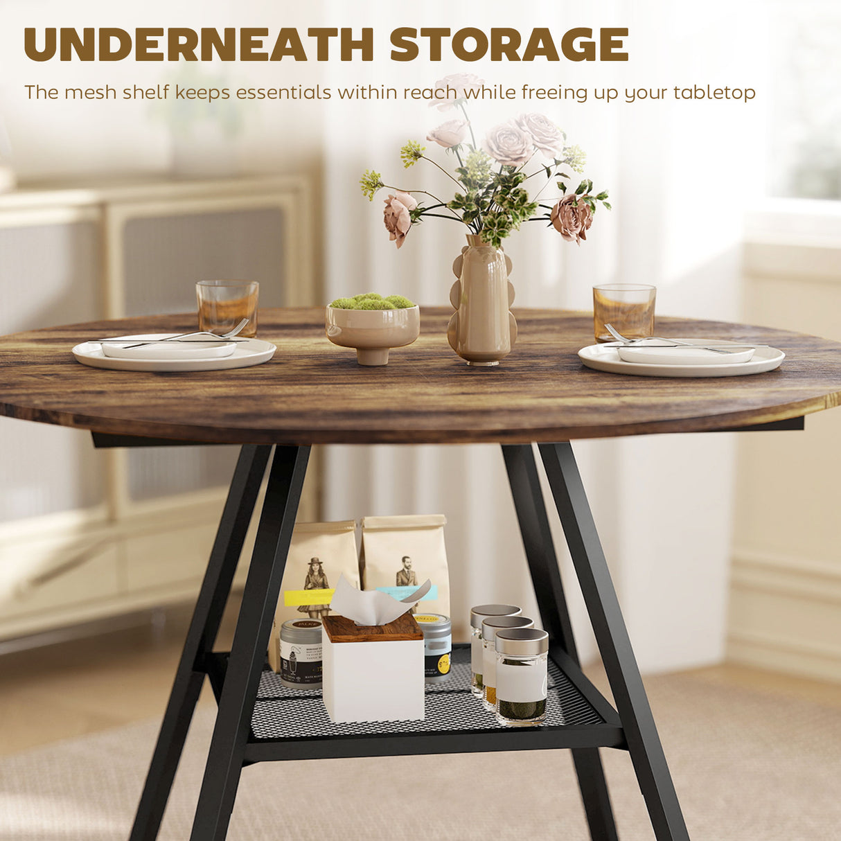 Wooden Industrial Style Kitchen Dining Table 100cm Round for 4 People - Velmora