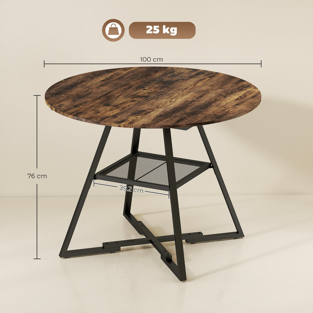 Wooden Industrial Style Kitchen Dining Table 100cm Round for 4 People - Velmora