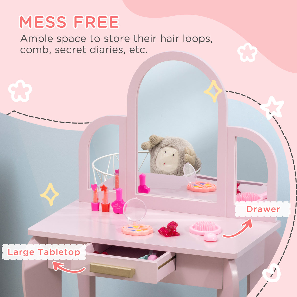 Wooden Kids Dressing Table Set 52cm Wide - Velmora