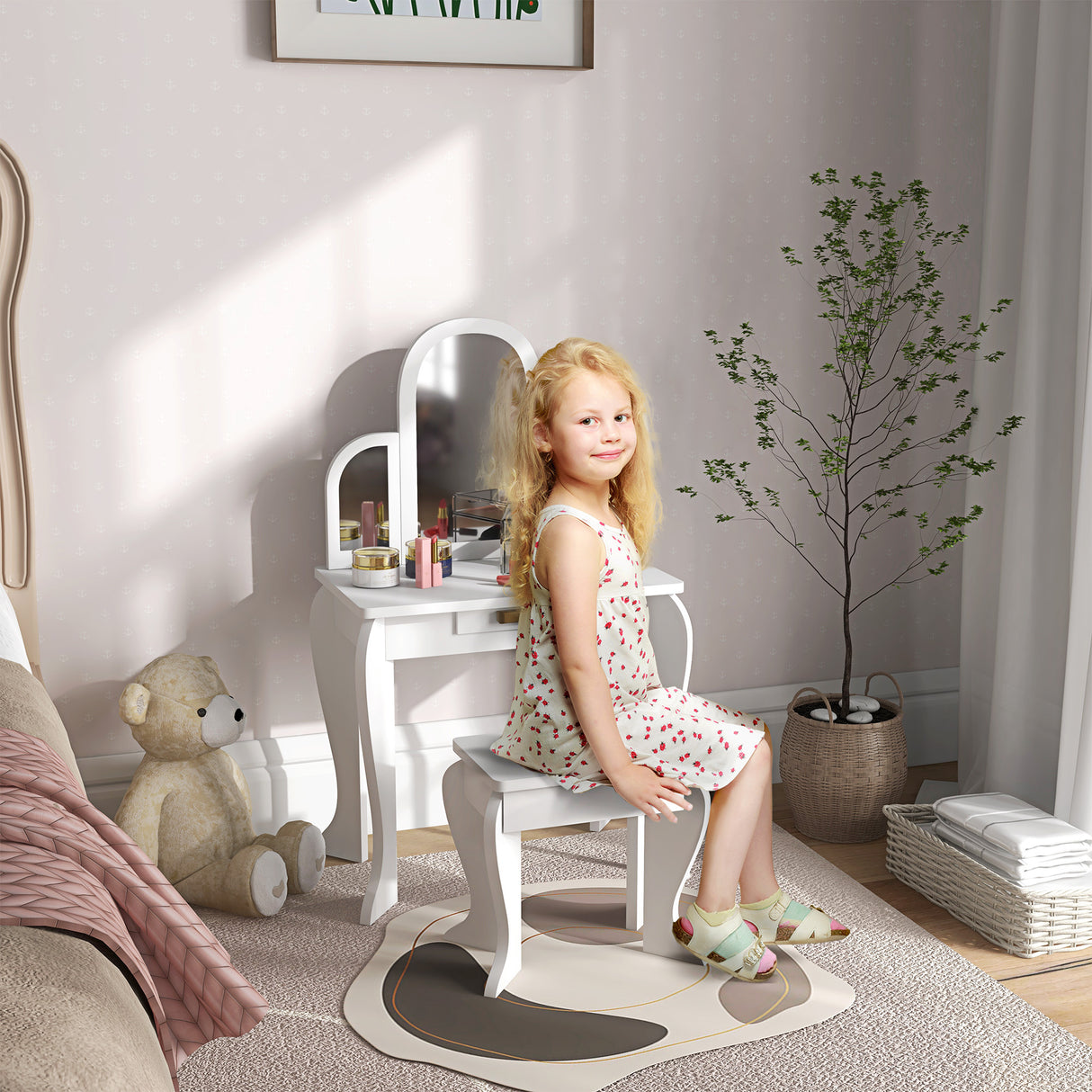 Wooden Kids Dressing Table Set 52cm Wide - Velmora