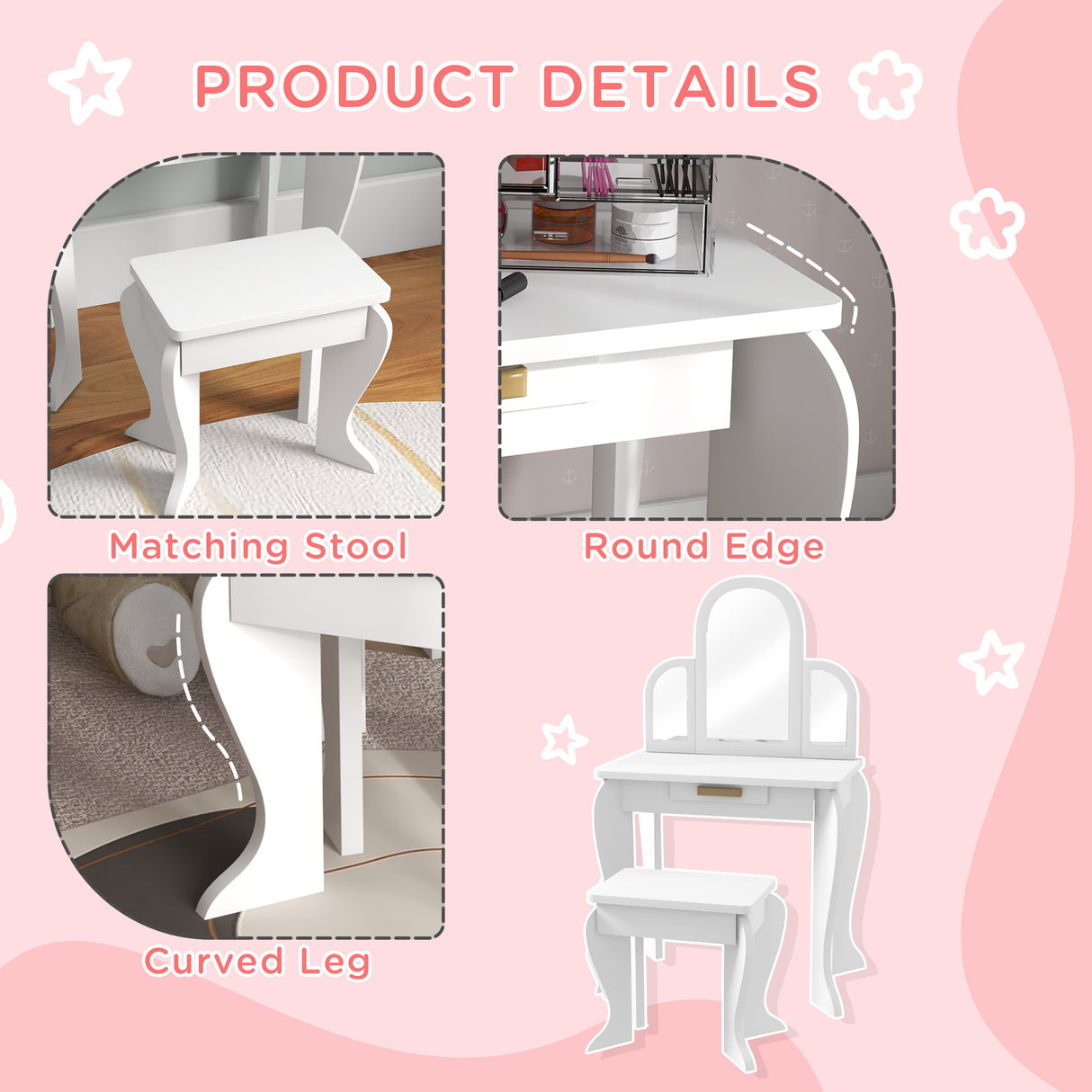 Wooden Kids Dressing Table Set 52cm Wide - Velmora