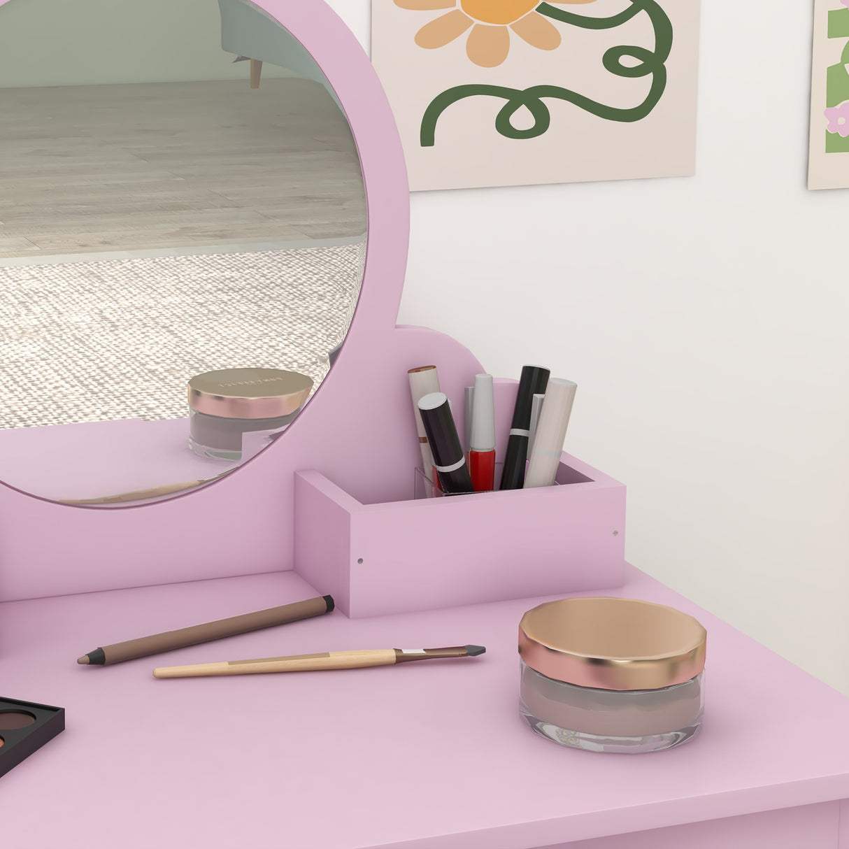 Wooden Kids Dressing Table Set 55cm Wide Cat Design - Velmora