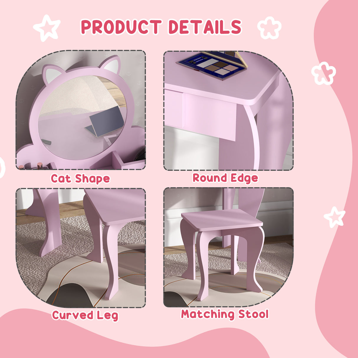 Wooden Kids Dressing Table Set 55cm Wide Cat Design - Velmora