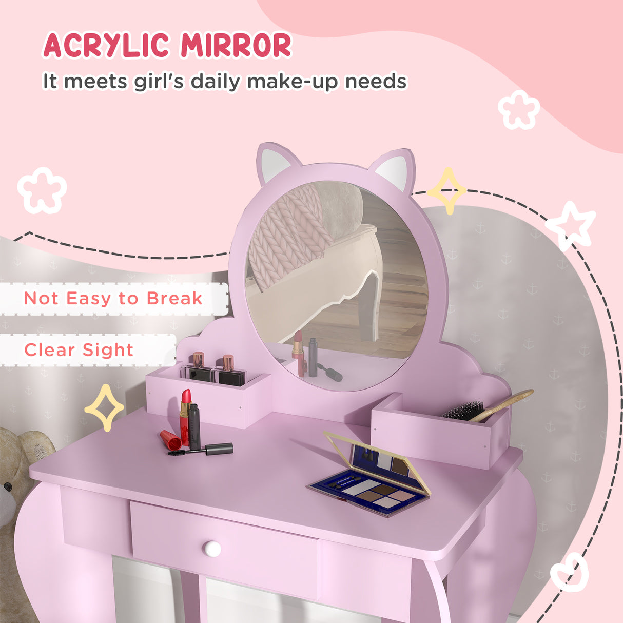 Wooden Kids Dressing Table Set 55cm Wide Cat Design - Velmora