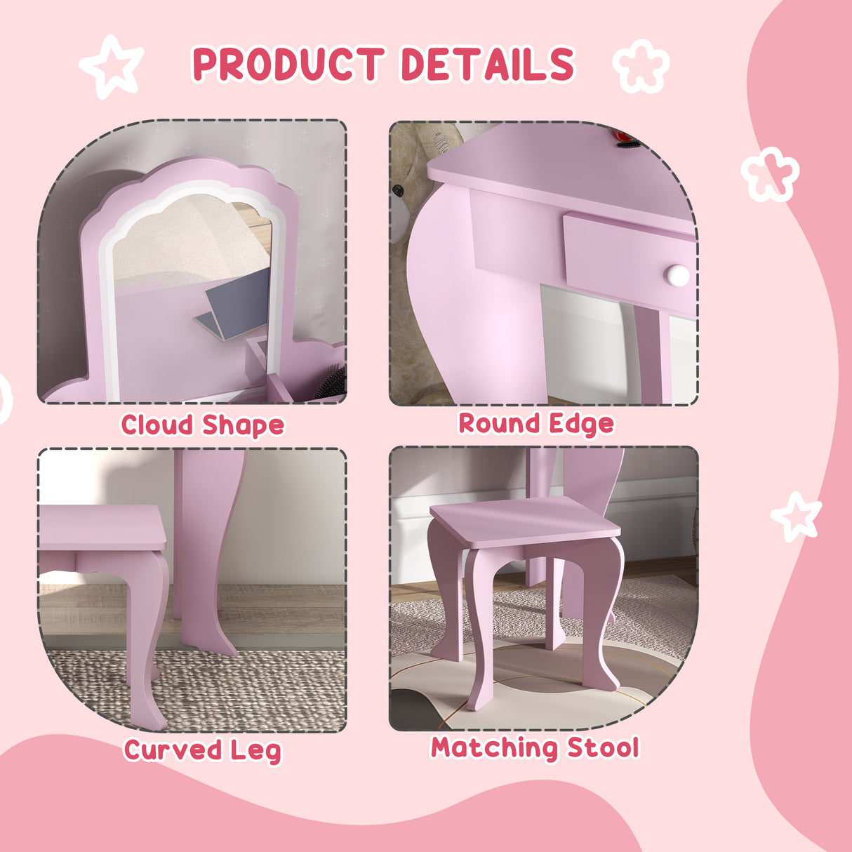 Wooden Kids Dressing Table Set 55cm Wide Cloud Design - Velmora