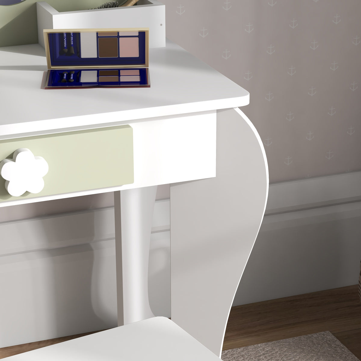 Wooden Kids Dressing Table Set 55cm Wide Flower Design - Velmora